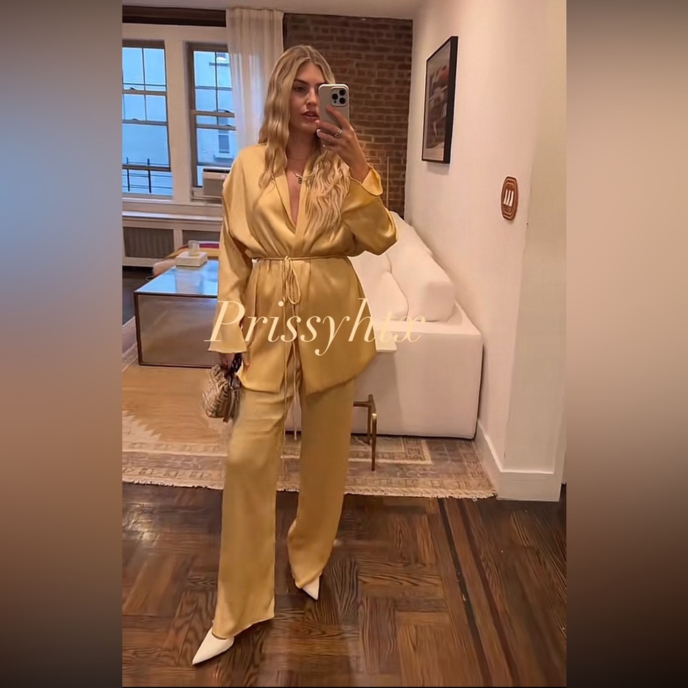 ZARA BELTED PLEATED KIMONO AND PLEATED WIDE LEG PANTS